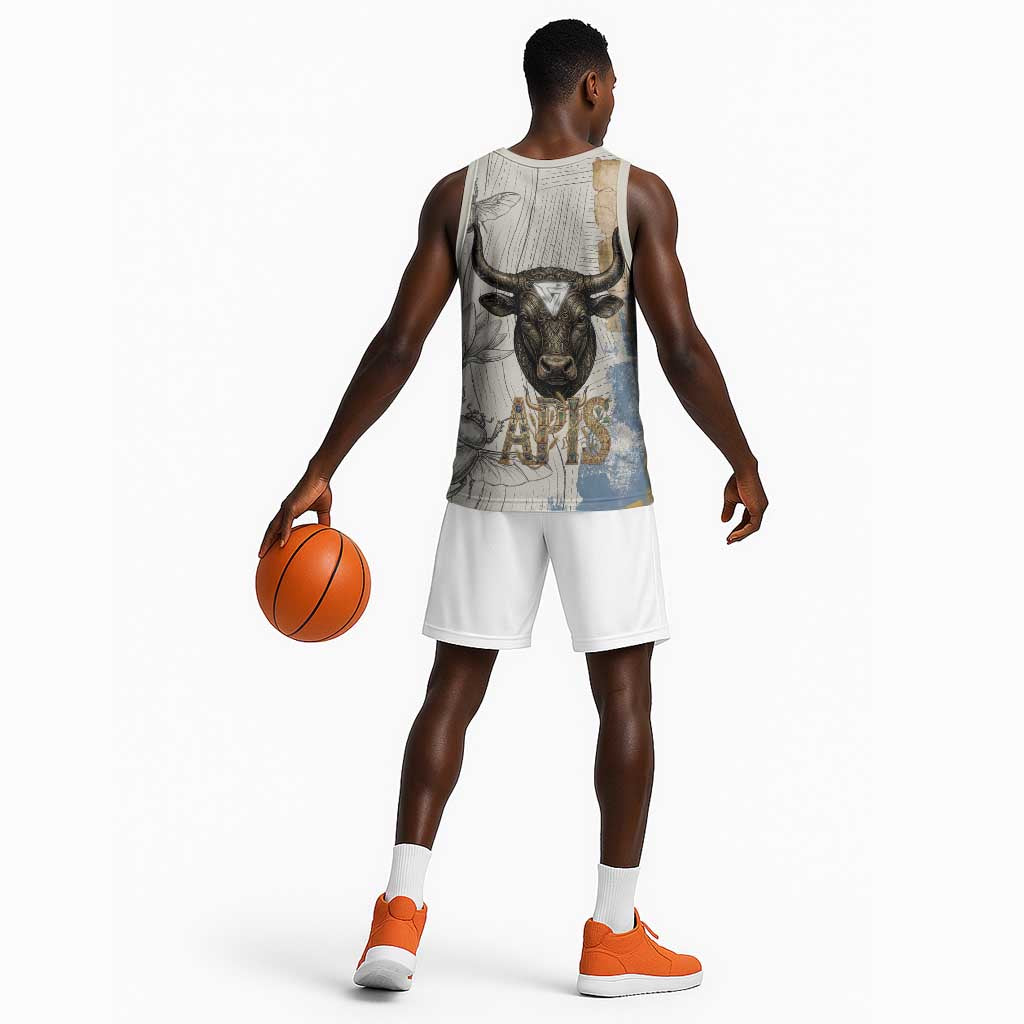 Apis Ancient Egyptian Basketball Jersey with Beige-Gray Hieroglyphic, Ornate Bull Head, and Gold-Blue Typography - African Pride