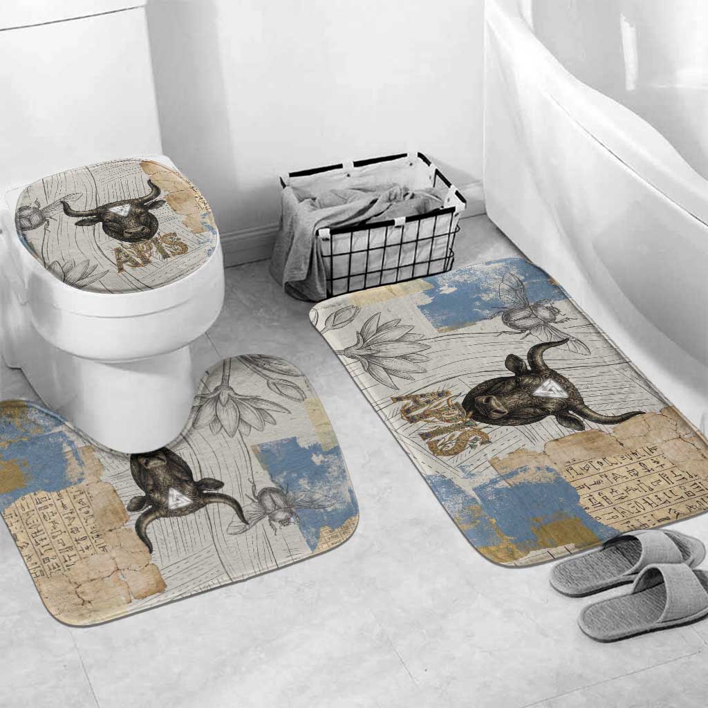 Apis Ancient Egyptian Bathroom Set with Beige-Gray Hieroglyphic, Ornate Bull Head, and Gold-Blue Typography - African Pride