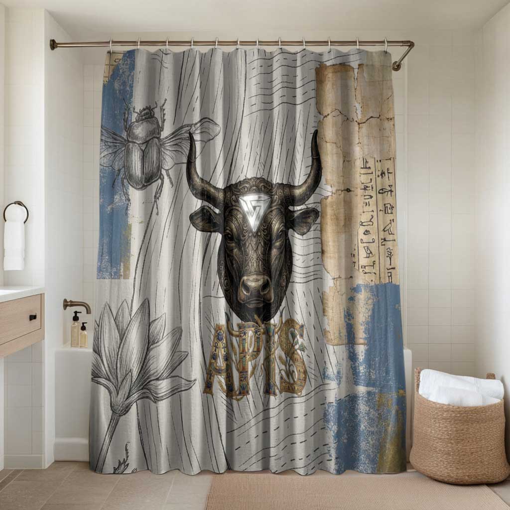 Apis Ancient Egyptian Bathroom Set with Beige-Gray Hieroglyphic, Ornate Bull Head, and Gold-Blue Typography - African Pride