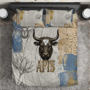 Apis Ancient Egyptian Bedding Set with Beige-Gray Hieroglyphic, Ornate Bull Head, and Gold-Blue Typography - African Pride