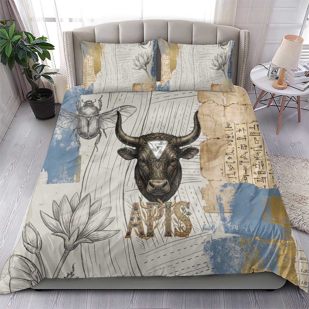 Apis Ancient Egyptian Bedding Set with Beige-Gray Hieroglyphic, Ornate Bull Head, and Gold-Blue Typography - African Pride