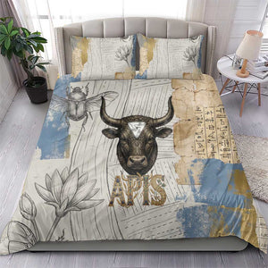 Apis Ancient Egyptian Bedding Set with Beige-Gray Hieroglyphic, Ornate Bull Head, and Gold-Blue Typography - African Pride