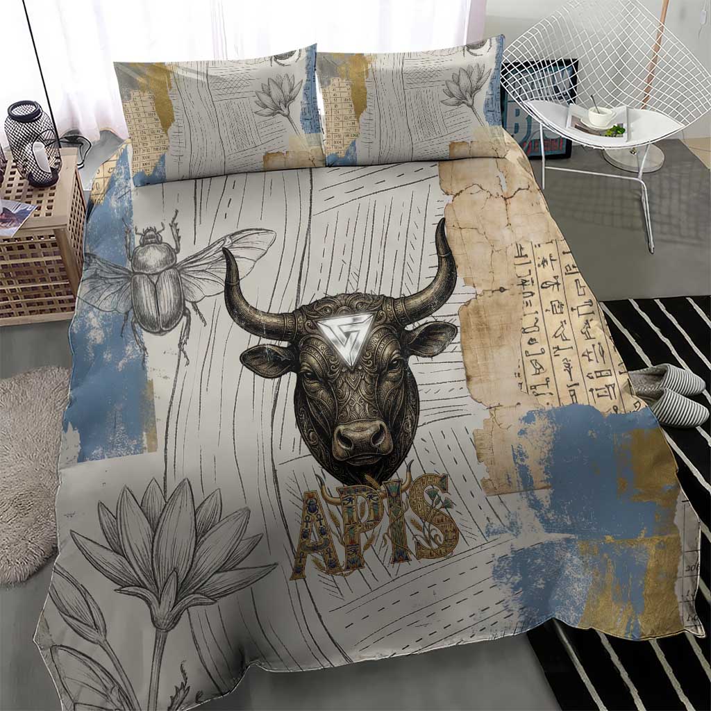 Apis Ancient Egyptian Bedding Set with Beige-Gray Hieroglyphic, Ornate Bull Head, and Gold-Blue Typography - African Pride