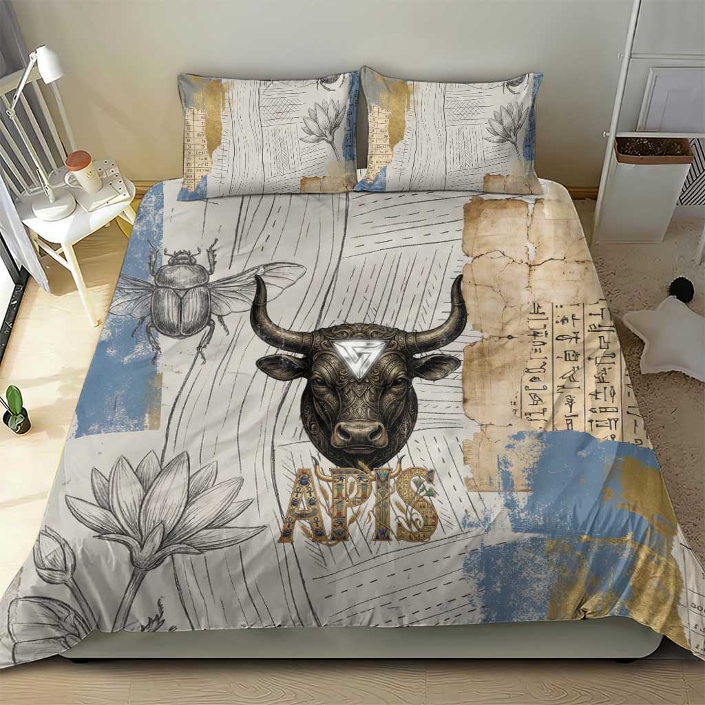 Apis Ancient Egyptian Bedding Set with Beige-Gray Hieroglyphic, Ornate Bull Head, and Gold-Blue Typography - African Pride