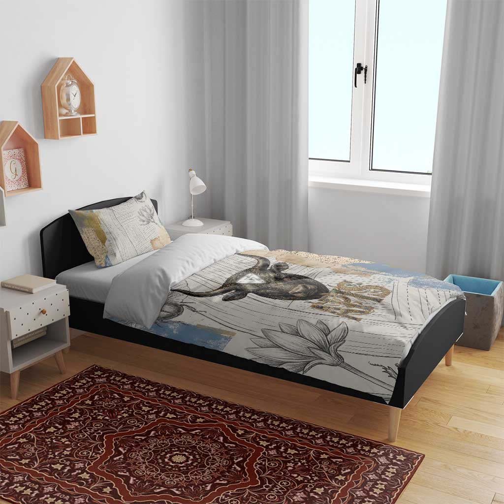 Apis Ancient Egyptian Bedding Set with Beige-Gray Hieroglyphic, Ornate Bull Head, and Gold-Blue Typography - African Pride