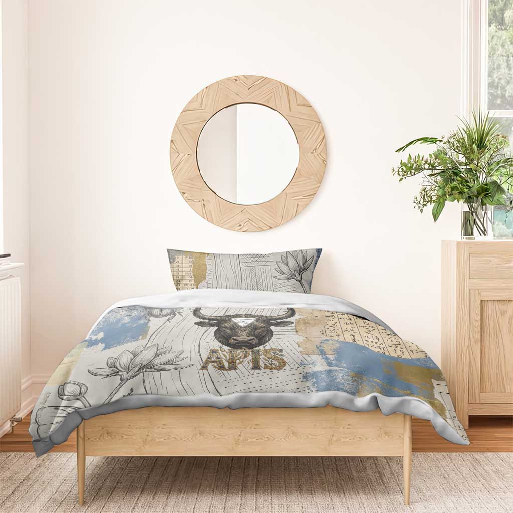 Apis Ancient Egyptian Bedding Set with Beige-Gray Hieroglyphic, Ornate Bull Head, and Gold-Blue Typography - African Pride