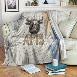 Apis Ancient Egyptian Blanket with Beige-Gray Hieroglyphic, Ornate Bull Head, and Gold-Blue Typography - African Pride