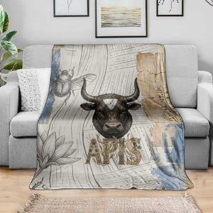 Apis Ancient Egyptian Blanket with Beige-Gray Hieroglyphic, Ornate Bull Head, and Gold-Blue Typography - African Pride