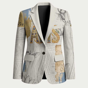 Apis Ancient Egyptian Blazer with Beige-Gray Hieroglyphic, Ornate Bull Head, and Gold-Blue Typography - African Pride