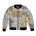Apis Ancient Egyptian Bomber Jacket with Beige-Gray Hieroglyphic, Ornate Bull Head, and Gold-Blue Typography - African Pride