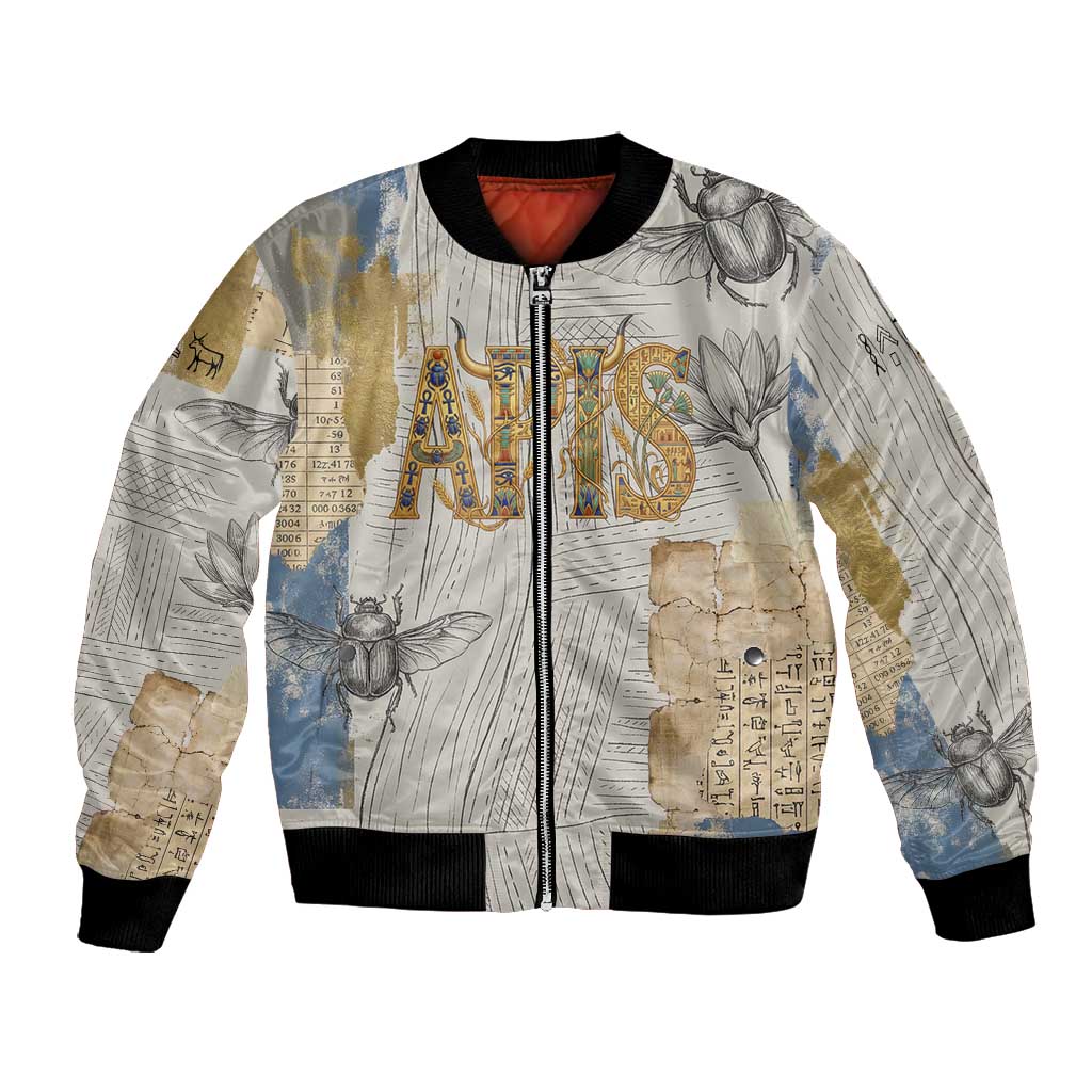 Apis Ancient Egyptian Bomber Jacket with Beige-Gray Hieroglyphic, Ornate Bull Head, and Gold-Blue Typography - African Pride
