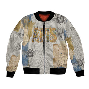 Apis Ancient Egyptian Bomber Jacket with Beige-Gray Hieroglyphic, Ornate Bull Head, and Gold-Blue Typography - African Pride