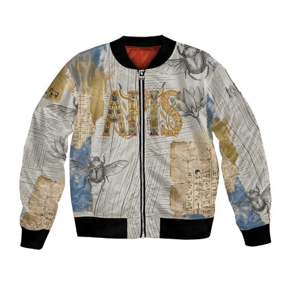 Apis Ancient Egyptian Bomber Jacket with Beige-Gray Hieroglyphic, Ornate Bull Head, and Gold-Blue Typography - African Pride
