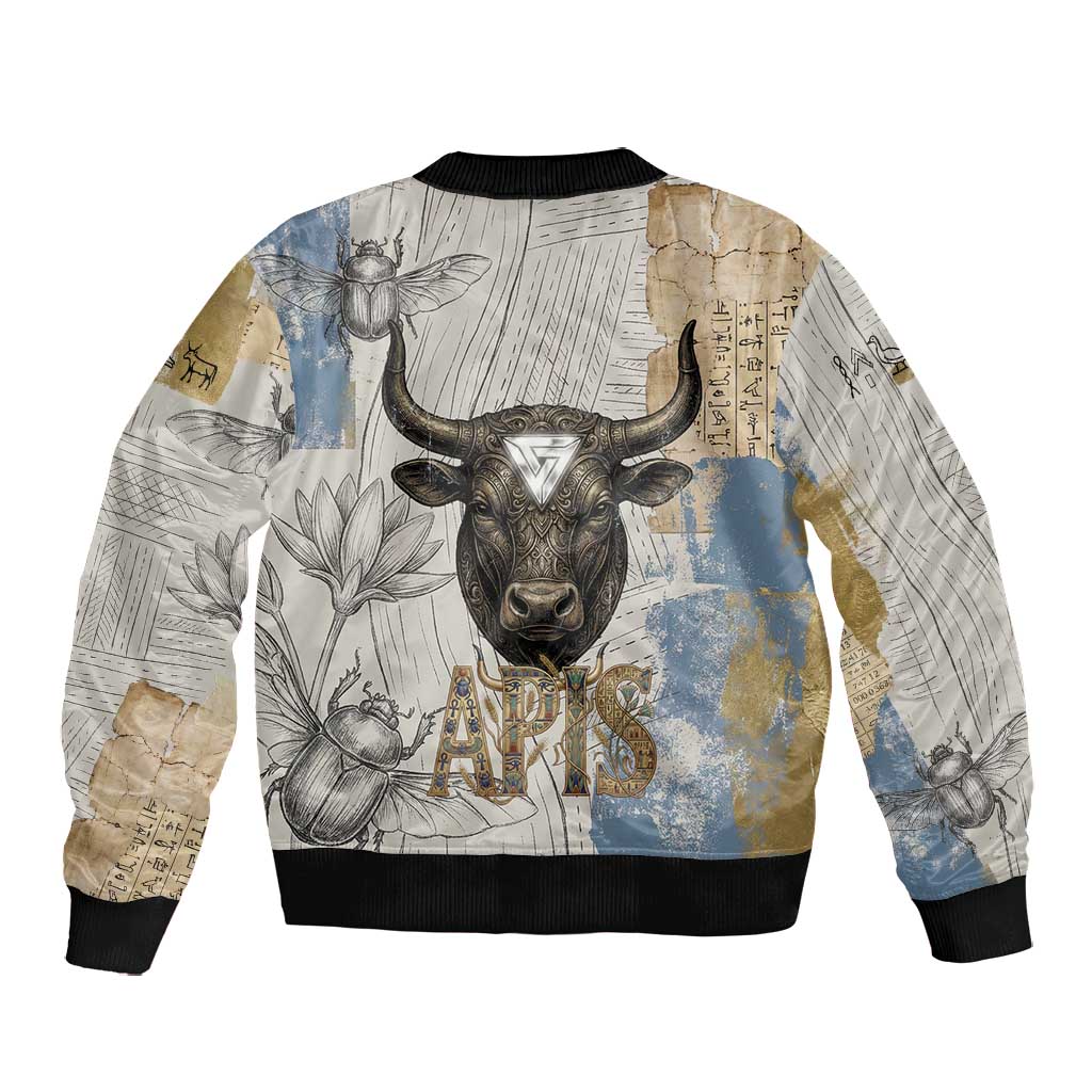 Apis Ancient Egyptian Bomber Jacket with Beige-Gray Hieroglyphic, Ornate Bull Head, and Gold-Blue Typography - African Pride