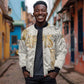 Apis Ancient Egyptian Bomber Jacket with Beige-Gray Hieroglyphic, Ornate Bull Head, and Gold-Blue Typography - African Pride