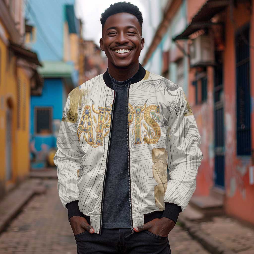Apis Ancient Egyptian Bomber Jacket with Beige-Gray Hieroglyphic, Ornate Bull Head, and Gold-Blue Typography - African Pride