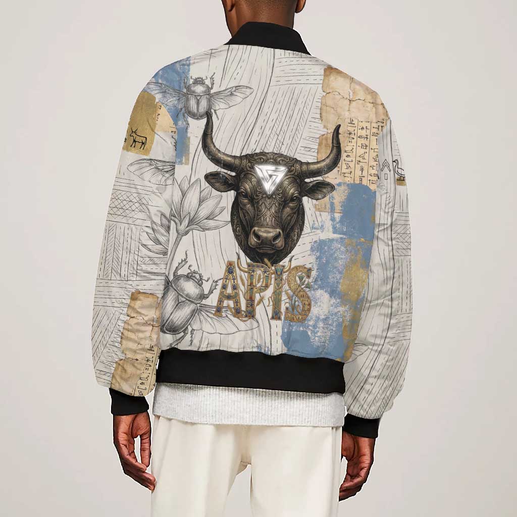 Apis Ancient Egyptian Bomber Jacket with Beige-Gray Hieroglyphic, Ornate Bull Head, and Gold-Blue Typography - African Pride