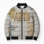 Apis Ancient Egyptian Bomber Puffer Jacket with Beige-Gray Hieroglyphic, Ornate Bull Head, and Gold-Blue Typography - African Pride