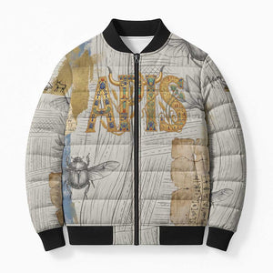 Apis Ancient Egyptian Bomber Puffer Jacket with Beige-Gray Hieroglyphic, Ornate Bull Head, and Gold-Blue Typography - African Pride