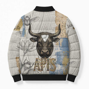 Apis Ancient Egyptian Bomber Puffer Jacket with Beige-Gray Hieroglyphic, Ornate Bull Head, and Gold-Blue Typography - African Pride