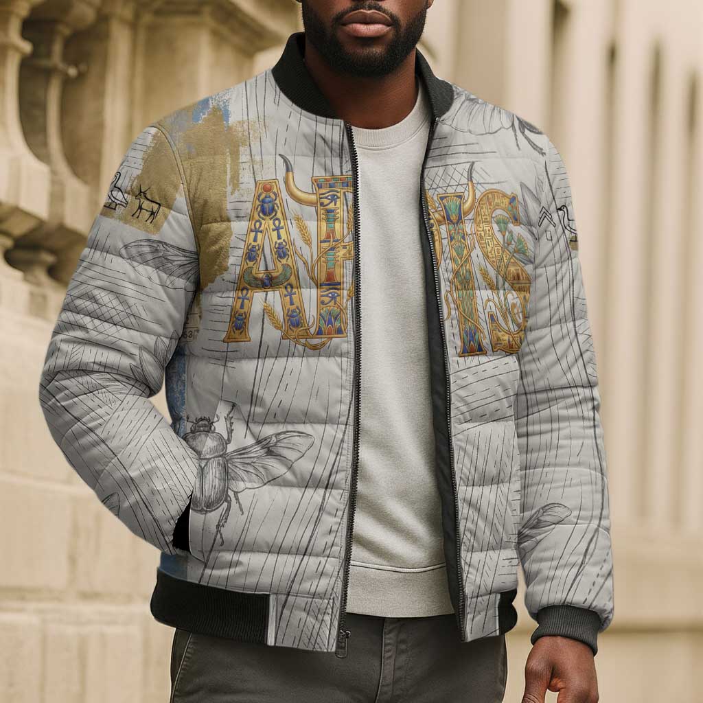 Apis Ancient Egyptian Bomber Puffer Jacket with Beige-Gray Hieroglyphic, Ornate Bull Head, and Gold-Blue Typography - African Pride