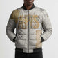 Apis Ancient Egyptian Bomber Puffer Jacket with Beige-Gray Hieroglyphic, Ornate Bull Head, and Gold-Blue Typography - African Pride
