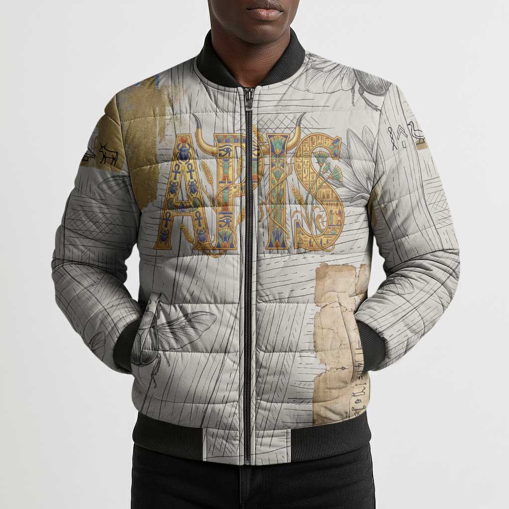 Apis Ancient Egyptian Bomber Puffer Jacket with Beige-Gray Hieroglyphic, Ornate Bull Head, and Gold-Blue Typography - African Pride