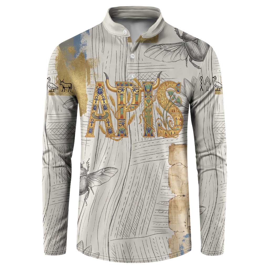 Apis Ancient Egyptian Button Sweatshirt with Beige-Gray Hieroglyphic, Ornate Bull Head, and Gold-Blue Typography