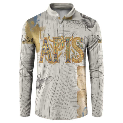 Apis Ancient Egyptian Button Sweatshirt with Beige-Gray Hieroglyphic, Ornate Bull Head, and Gold-Blue Typography