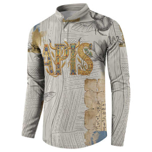 Apis Ancient Egyptian Button Sweatshirt with Beige-Gray Hieroglyphic, Ornate Bull Head, and Gold-Blue Typography