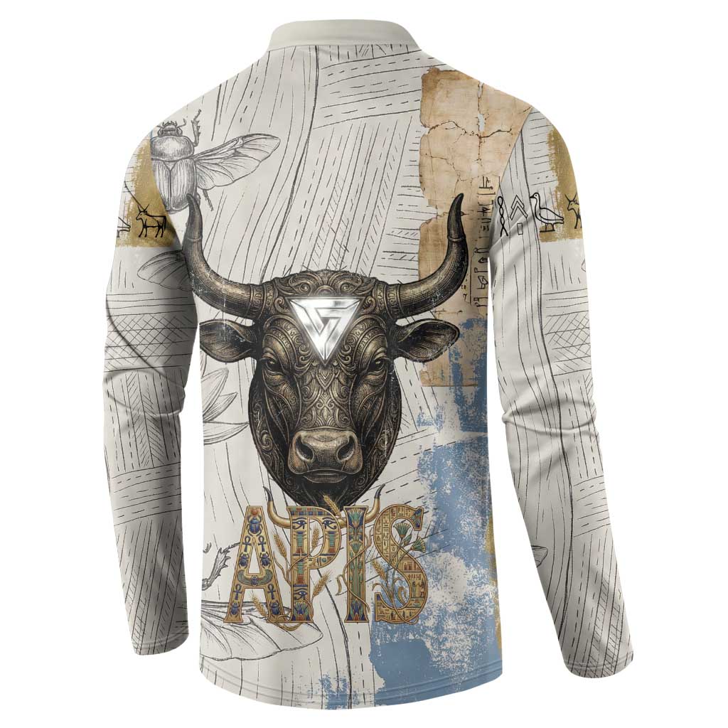Apis Ancient Egyptian Button Sweatshirt with Beige-Gray Hieroglyphic, Ornate Bull Head, and Gold-Blue Typography