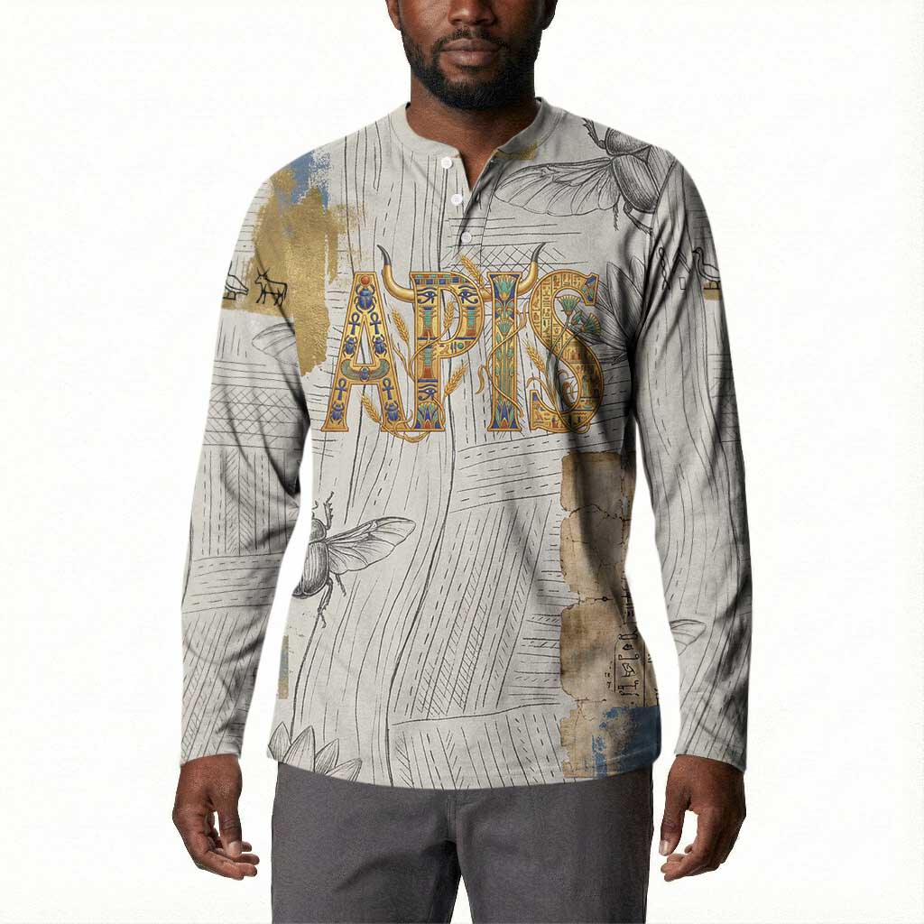 Apis Ancient Egyptian Button Sweatshirt with Beige-Gray Hieroglyphic, Ornate Bull Head, and Gold-Blue Typography