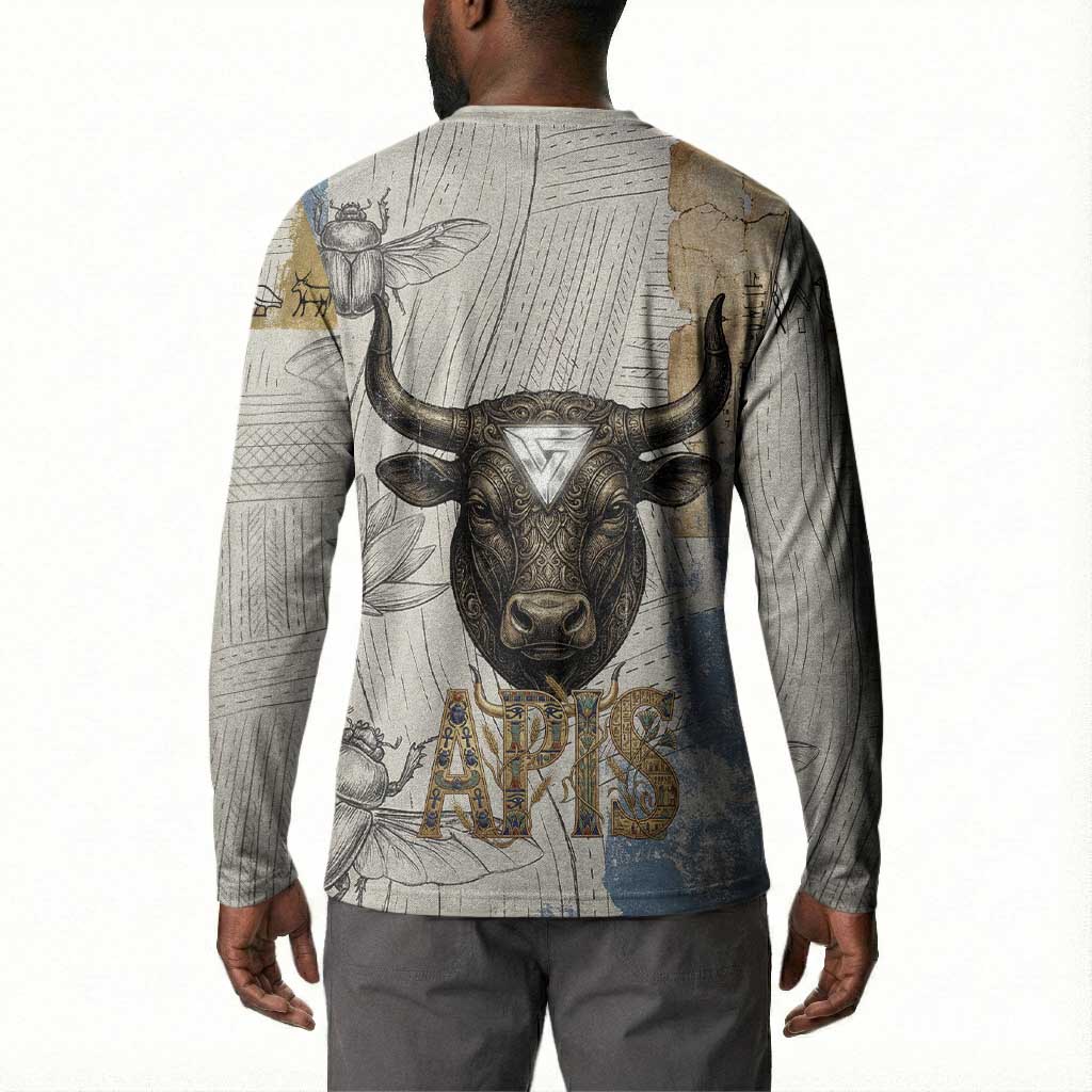 Apis Ancient Egyptian Button Sweatshirt with Beige-Gray Hieroglyphic, Ornate Bull Head, and Gold-Blue Typography