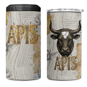 Apis Ancient Egyptian 4 in 1 Can Cooler Tumbler with Beige-Gray Hieroglyphic, Ornate Bull Head, and Gold-Blue Typography - African Pride
