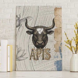 Apis Ancient Egyptian Canvas Wall Art with Beige-Gray Hieroglyphic, Ornate Bull Head, and Gold-Blue Typography - African Pride