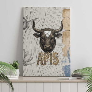 Apis Ancient Egyptian Canvas Wall Art with Beige-Gray Hieroglyphic, Ornate Bull Head, and Gold-Blue Typography - African Pride