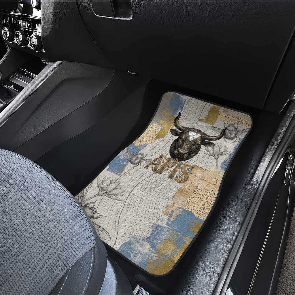 Apis Ancient Egyptian Car Mats with Beige-Gray Hieroglyphic, Ornate Bull Head, and Gold-Blue Typography - African Pride