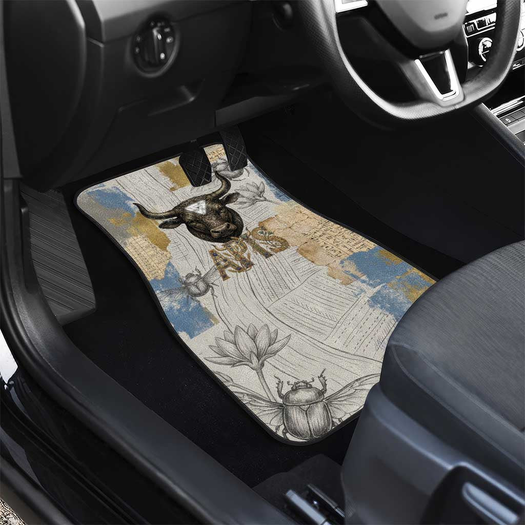 Apis Ancient Egyptian Car Mats with Beige-Gray Hieroglyphic, Ornate Bull Head, and Gold-Blue Typography - African Pride