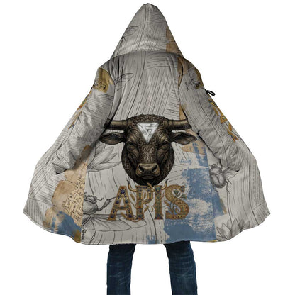 Apis Ancient Egyptian Cloak with Beige-Gray Hieroglyphic, Ornate Bull Head, and Gold-Blue Typography - African Pride