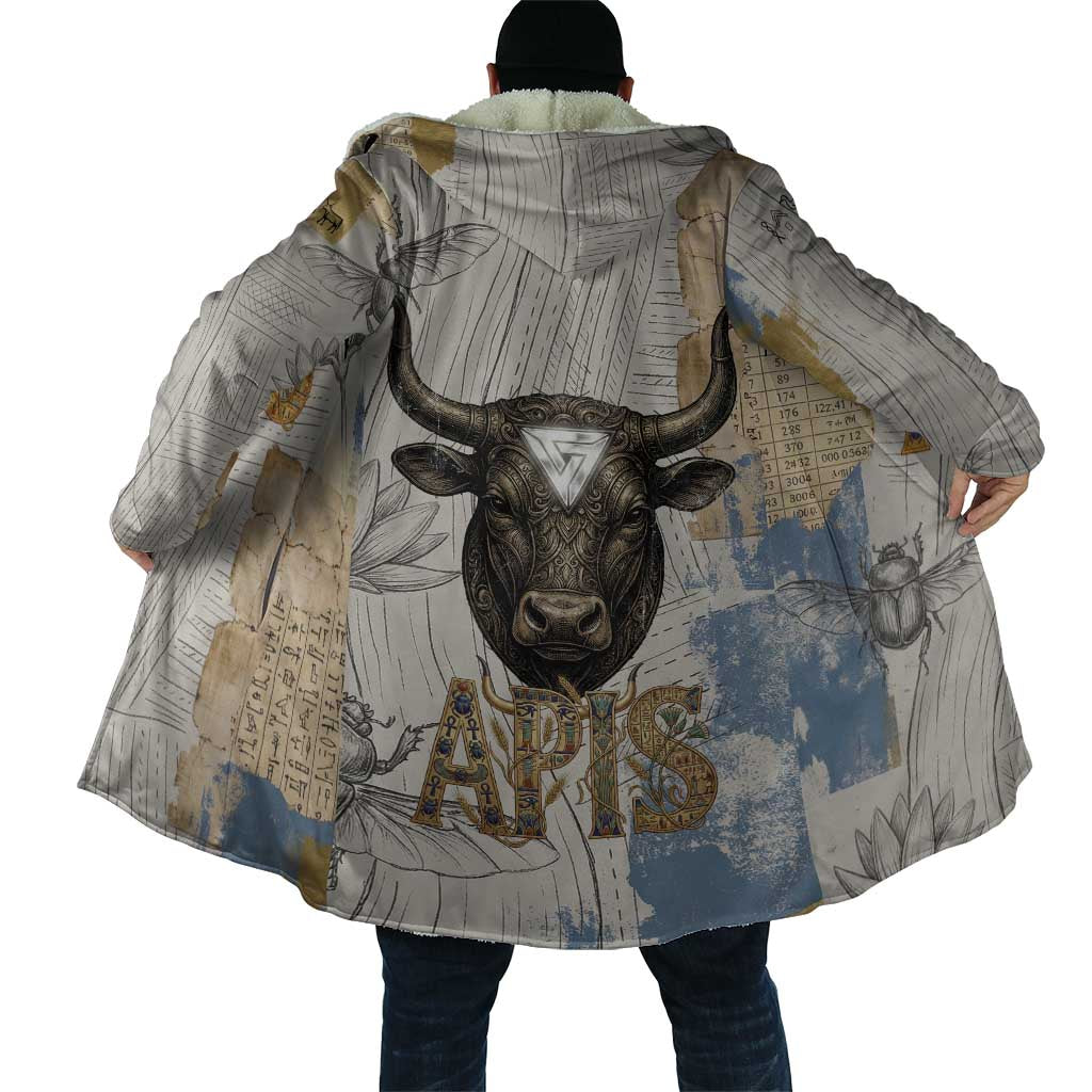 Apis Ancient Egyptian Cloak with Beige-Gray Hieroglyphic, Ornate Bull Head, and Gold-Blue Typography - African Pride