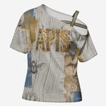 Apis Ancient Egyptian Cross Shoulder Shirt with Beige-Gray Hieroglyphic, Ornate Bull Head, and Gold-Blue Typography - African Pride