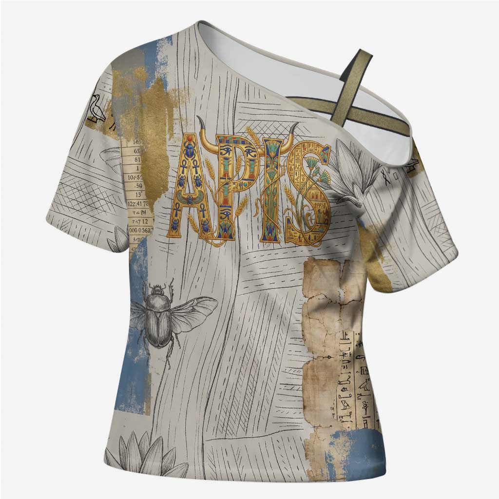 Apis Ancient Egyptian Cross Shoulder Shirt with Beige-Gray Hieroglyphic, Ornate Bull Head, and Gold-Blue Typography - African Pride