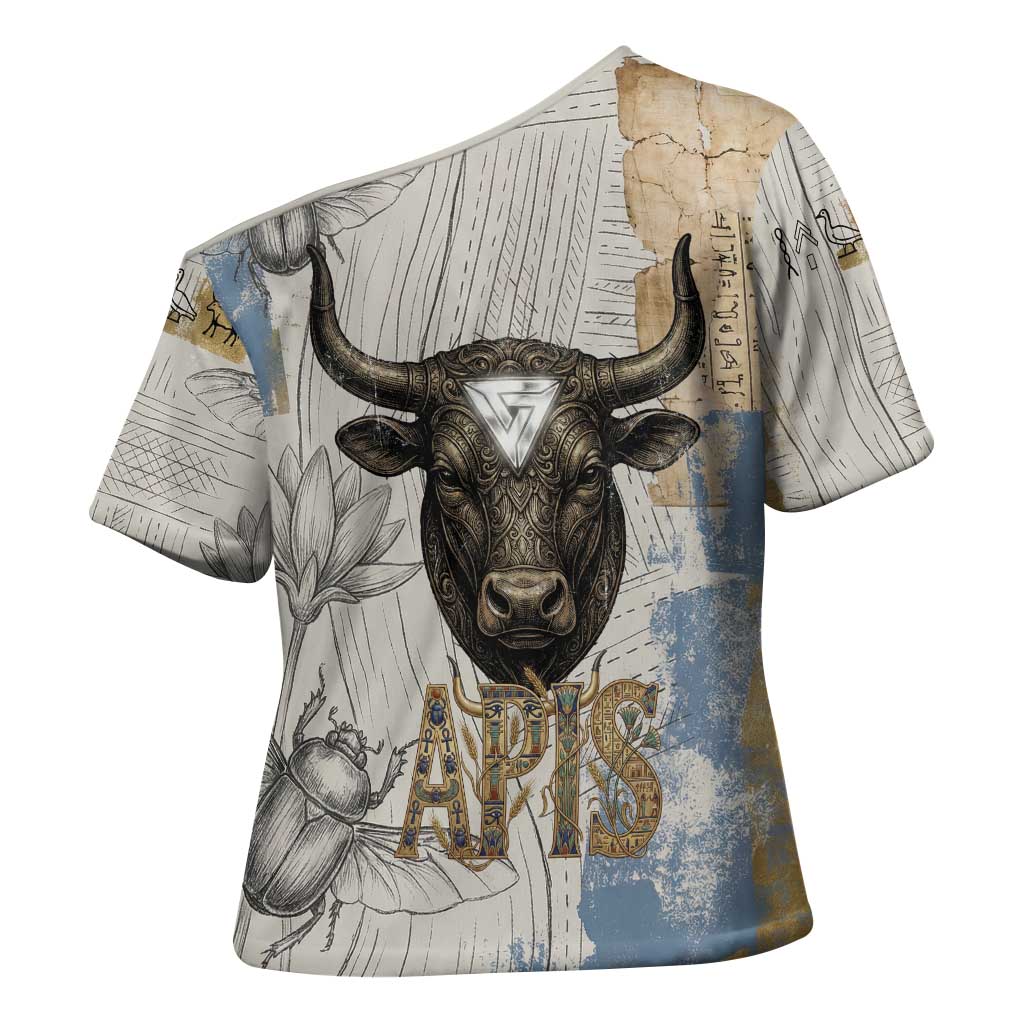 Apis Ancient Egyptian Cross Shoulder Shirt with Beige-Gray Hieroglyphic, Ornate Bull Head, and Gold-Blue Typography - African Pride