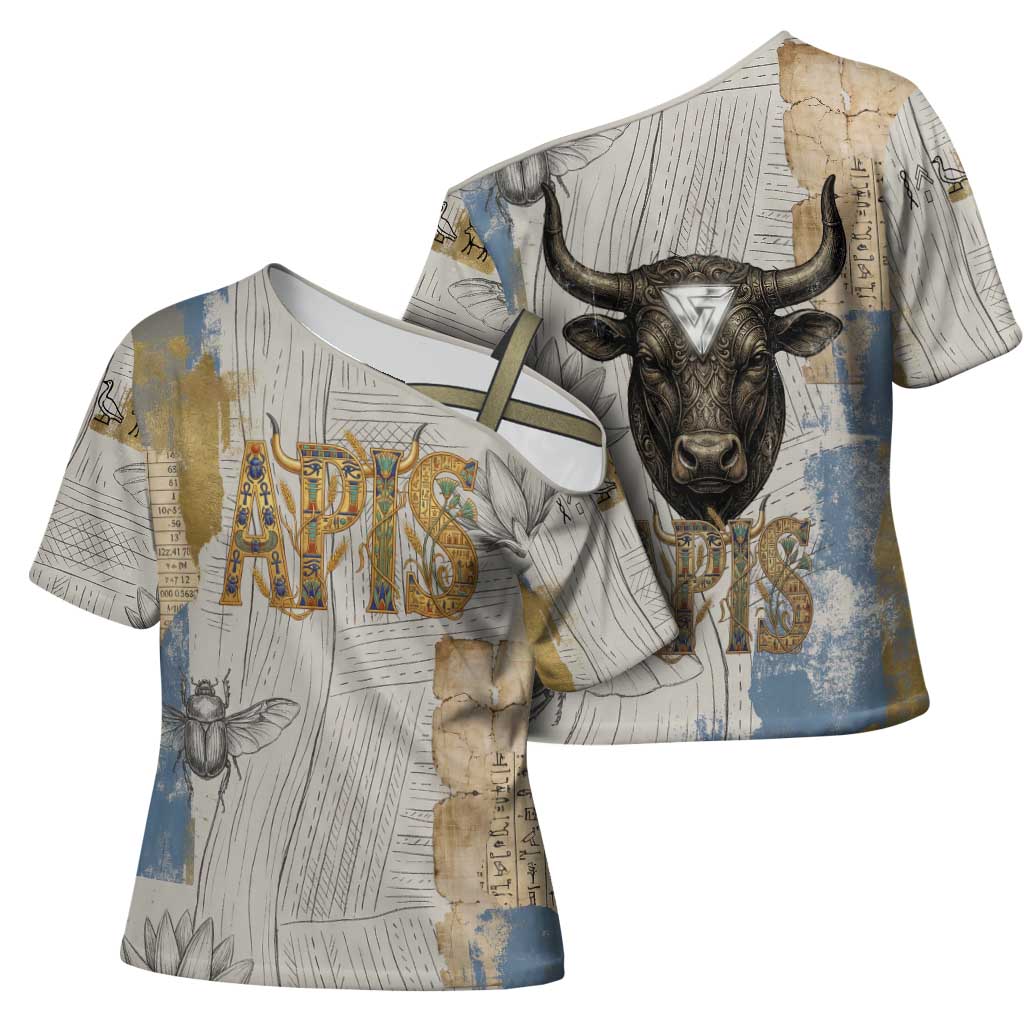 Apis Ancient Egyptian Cross Shoulder Shirt with Beige-Gray Hieroglyphic, Ornate Bull Head, and Gold-Blue Typography - African Pride