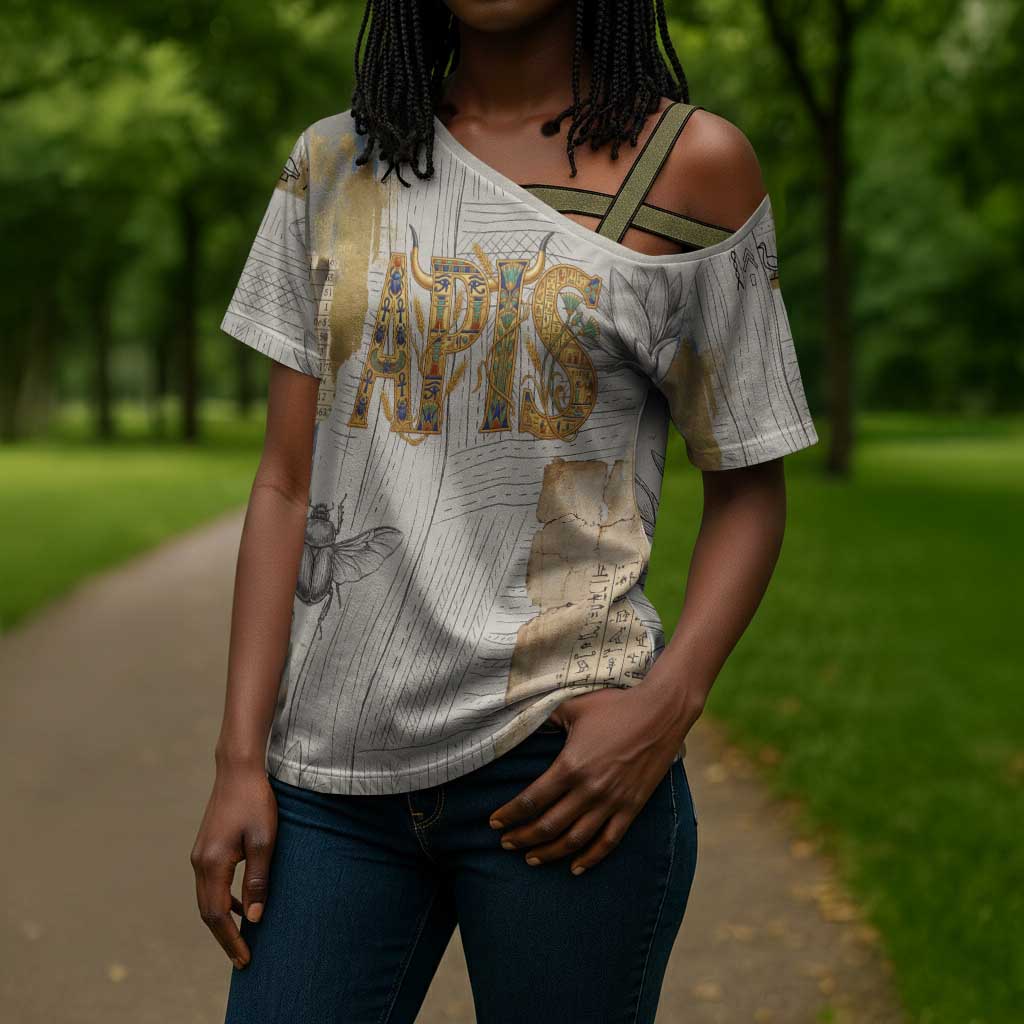 Apis Ancient Egyptian Cross Shoulder Shirt with Beige-Gray Hieroglyphic, Ornate Bull Head, and Gold-Blue Typography - African Pride