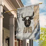 Apis Ancient Egyptian Garden Flag with Beige-Gray Hieroglyphic, Ornate Bull Head, and Gold-Blue Typography - African Pride