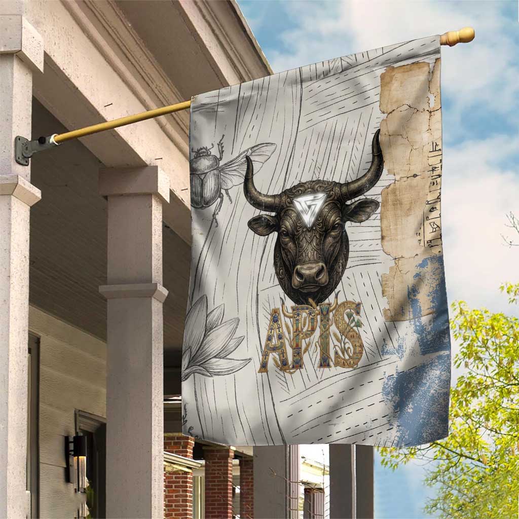 Apis Ancient Egyptian Garden Flag with Beige-Gray Hieroglyphic, Ornate Bull Head, and Gold-Blue Typography - African Pride