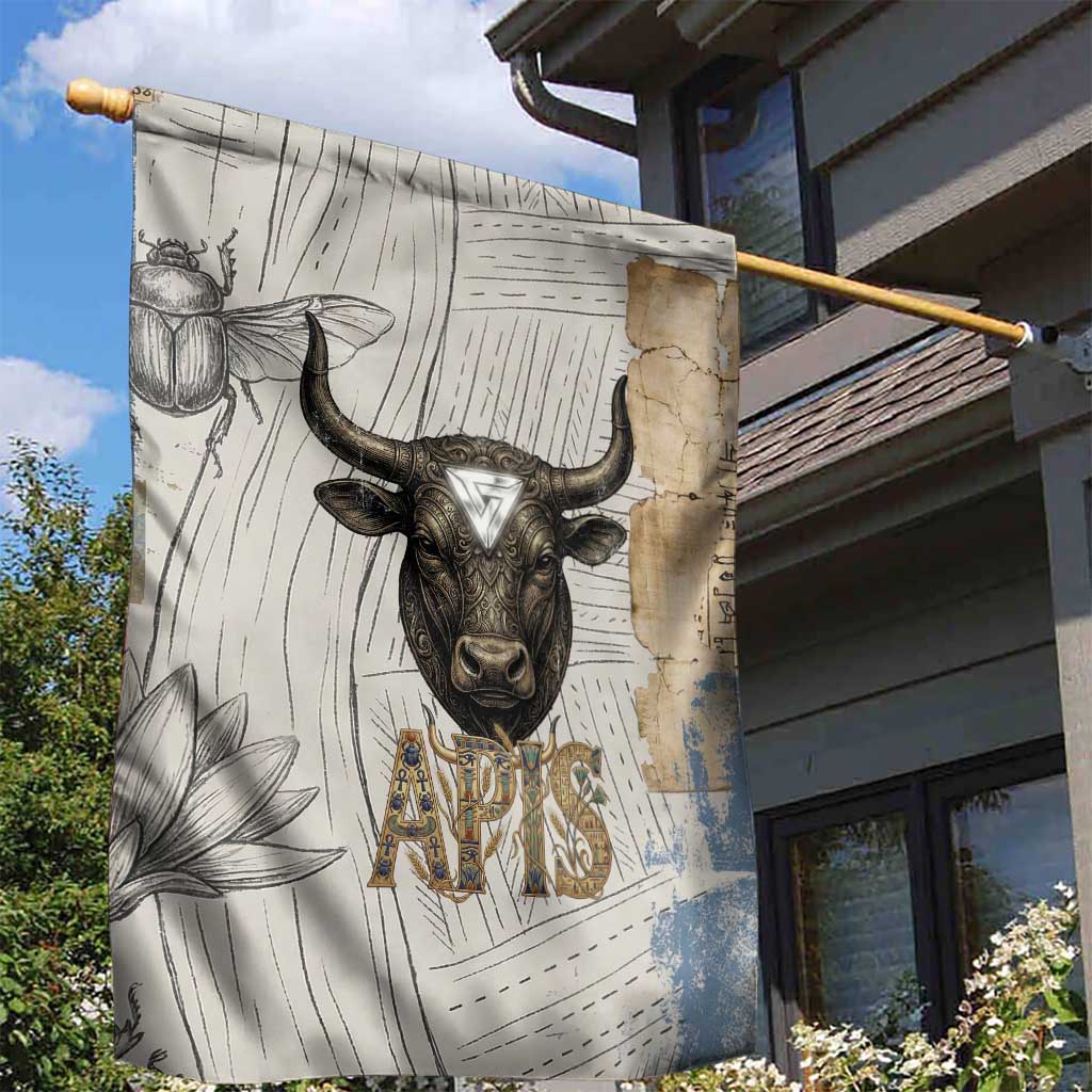 Apis Ancient Egyptian Garden Flag with Beige-Gray Hieroglyphic, Ornate Bull Head, and Gold-Blue Typography - African Pride