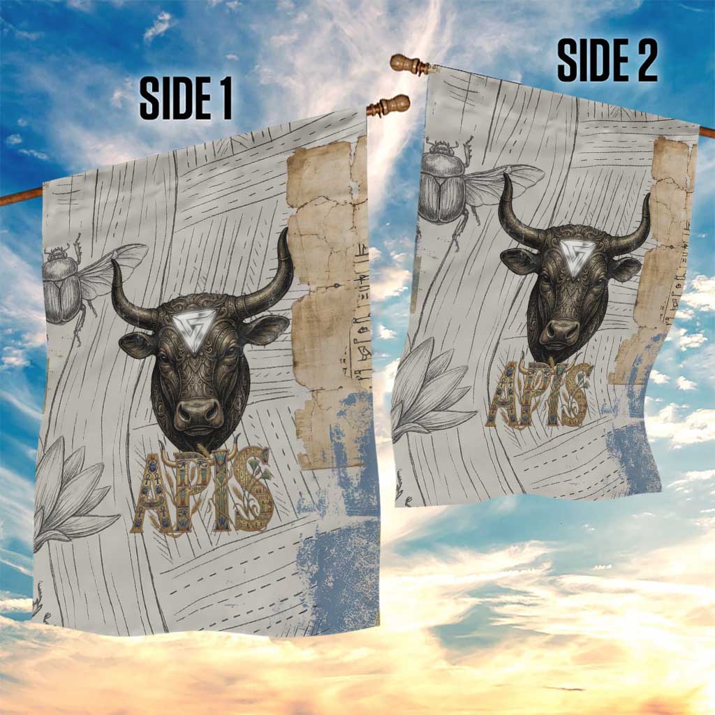 Apis Ancient Egyptian Garden Flag with Beige-Gray Hieroglyphic, Ornate Bull Head, and Gold-Blue Typography - African Pride