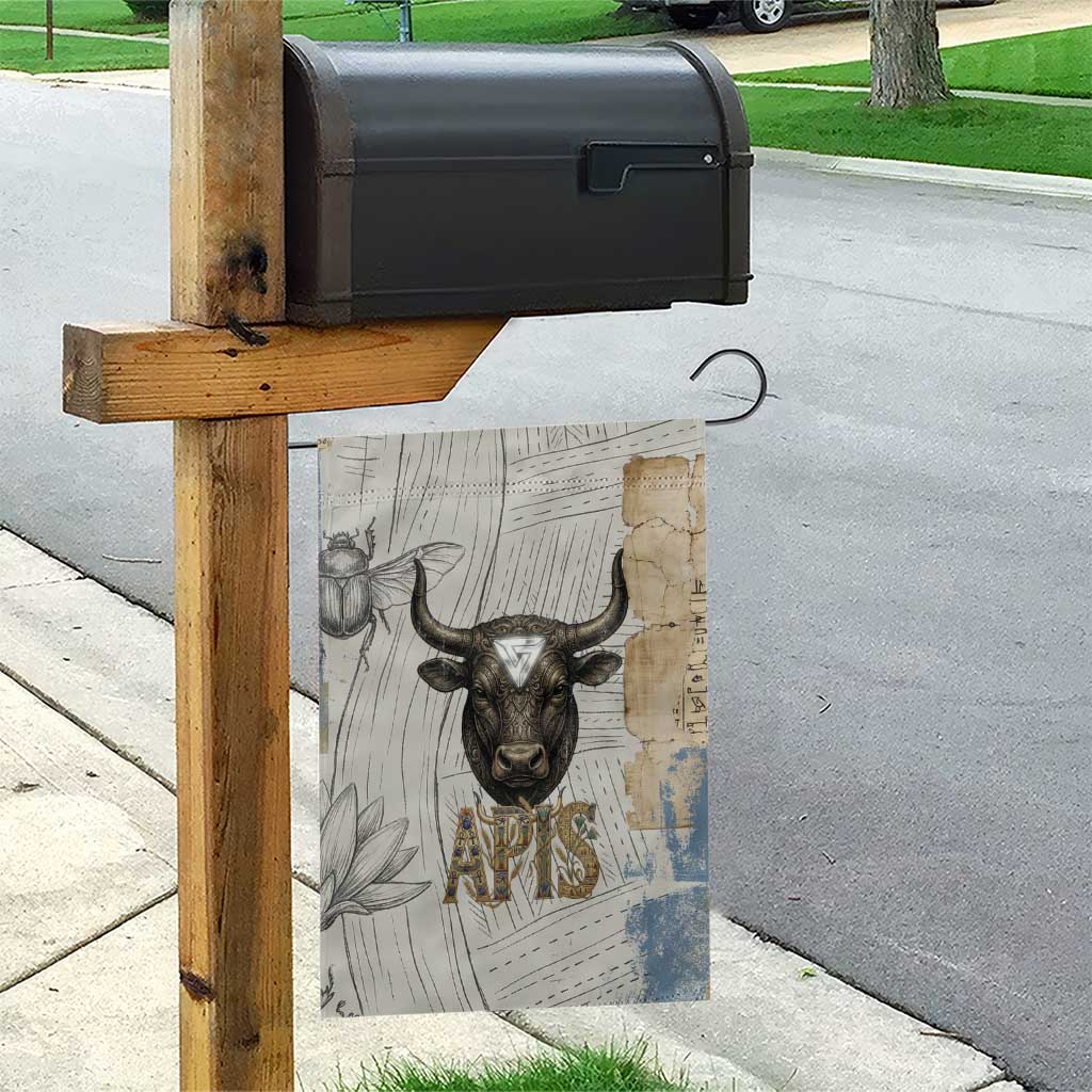 Apis Ancient Egyptian Garden Flag with Beige-Gray Hieroglyphic, Ornate Bull Head, and Gold-Blue Typography - African Pride
